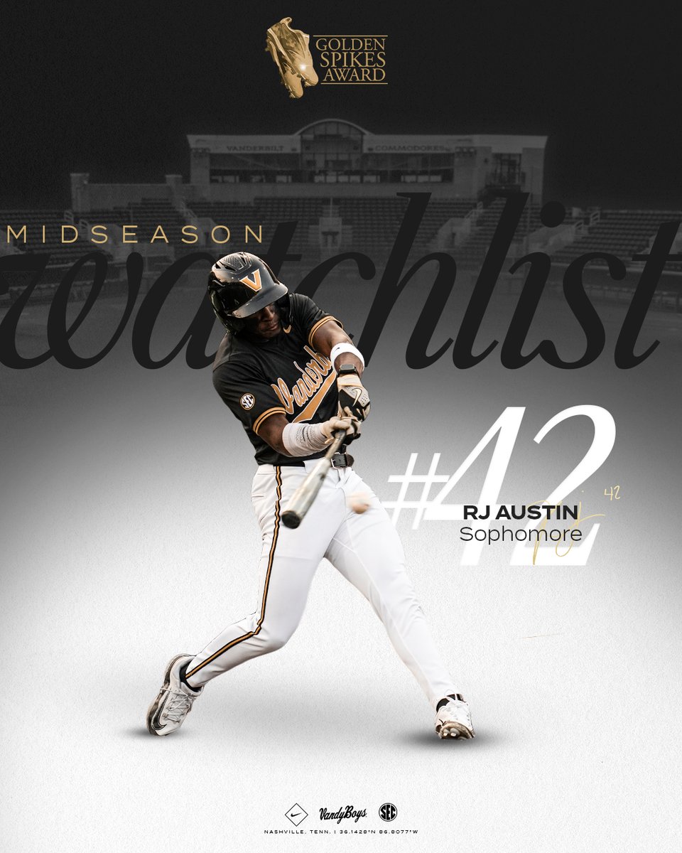 VandyBoys's tweet photo. Reggie stays golden🔱

@RjAustin14 lands a spot on the Golden Spikes Award Midseason Watch List 🔒👀

📲 https://t.co/FDQTsJkoHy

#VandyBoys | @USAGoldenSpikes https://t.co/HiVEPc8RGT