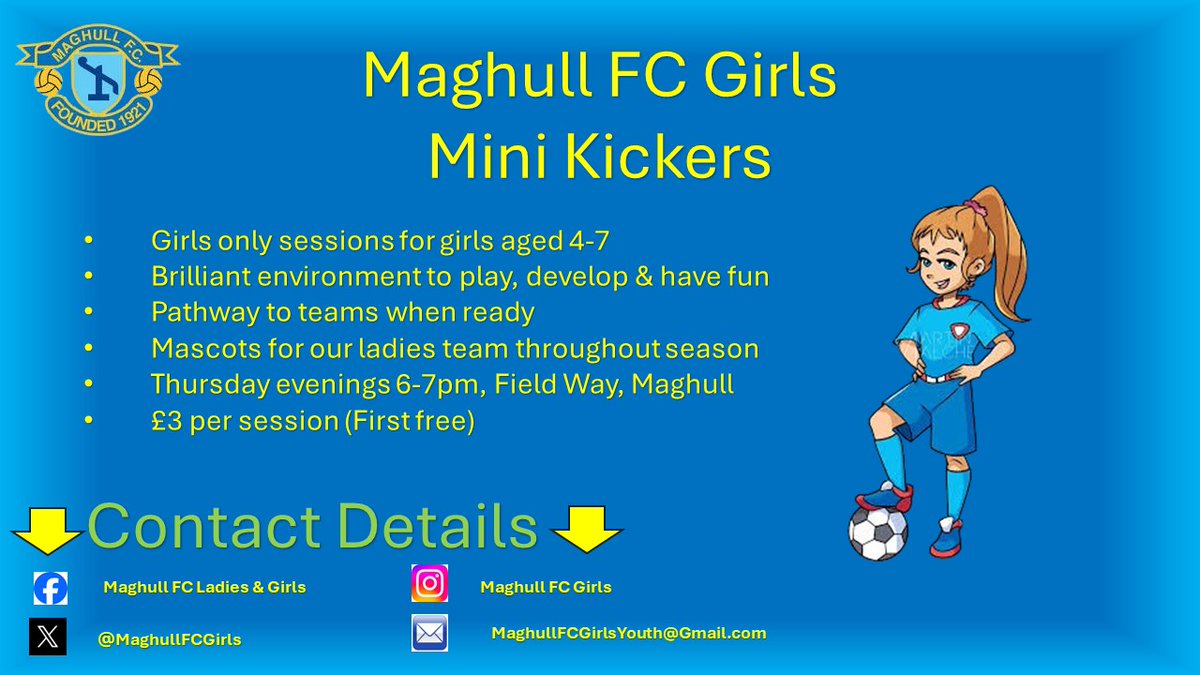 Our new girls only mini kickers starting Thursday 11th April for girls aged 4 to 7, if interested please get in touch via details below. @MaghullFCLadies @maghullfc