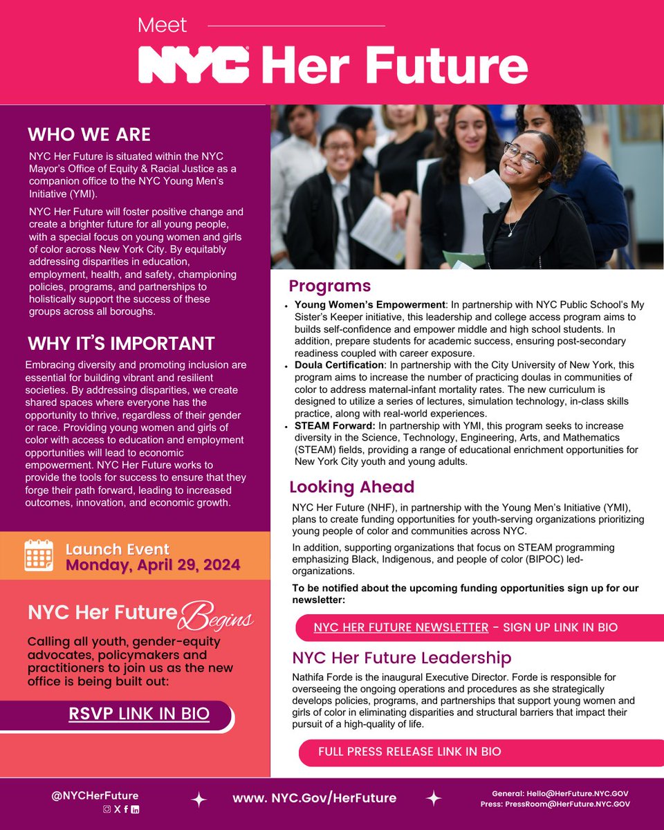 Meet #NYCHerFuture, situated within @EquityNYCGov as a companion office to @NYCyoungmen! Click Linktr.ee/NYCHerFuture: Whether it's to RSVP to our launch event, sign-up for our newsletter, or to view the full press release.