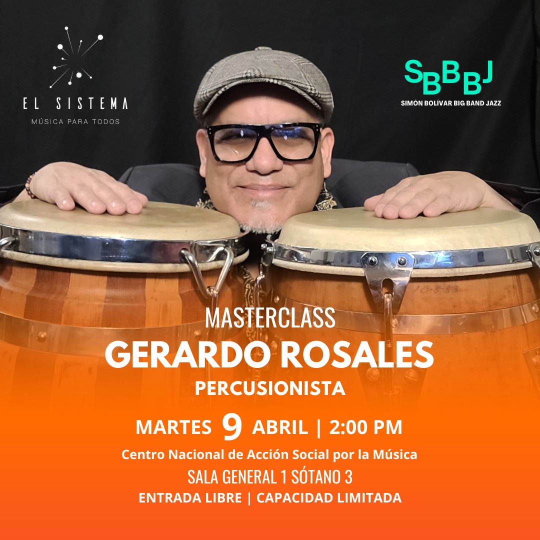 “Gerardo Rosales cuenta, toca y comparte“✨ 

El 9 de abril, el prestigioso percusionista venezolano Gerardo Rosales  dictará una masterclass en la Sala General 1 de sótano 3 del Centro Nacional de Acción Social por la Música.

Entrada libre - capacidad limitada

#ElSistema