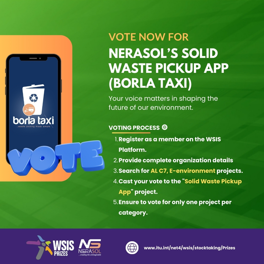 Raise your voice now! It's your FINAL OPPORTUNITY to support Nerasol's Solid Waste Pickup App (Borla Taxi) in the WSIS E-environment Projects. Vote here: [itu.int/net4/wsis/stoc…] #BorlaTaxi #WSIS #nerasolgh