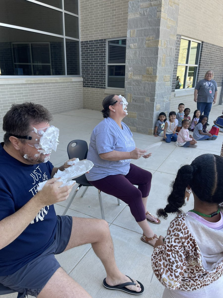 It was a pie in the face kind of day for @MrSowders and Mrs. Walker today! Celebrating 30 days of perfect attendance at @OLE_Leopards! @katyisd