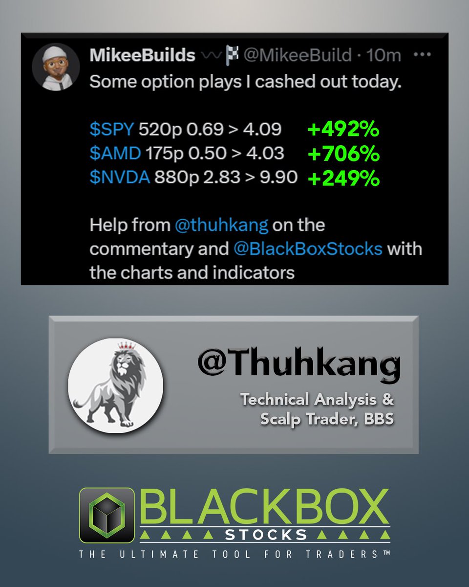 Great trading from @MikeeBuilds on this market pullback! @thuhkang talking us through the action live on voice. Leave a comment if you traded this move 💥📉🤑 #blackboxstocks #optionstrading #fintech $SPY $AMD $NVDA