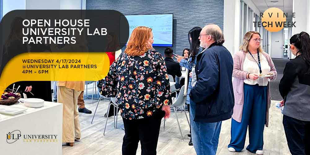 🔬 Join ULP's Open House on April 17, 4-6pm PDT at University Lab Partners, Irvine! A key feature of #IrvineTechweek, offering a peek into cutting-edge lab spaces with tours every 30 mins from 4:30pm. Come and network over appetizers & drinks. RSVP: eventbrite.com/e/ulp-open-hou…
