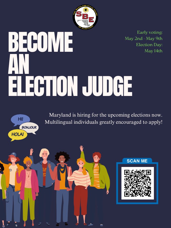 Maryland is hiring for the upcoming elections now. Multilingual individuals greatly encouraged to apply! You can find more information here: vote.md.gov/JudgeApply #MDvotes