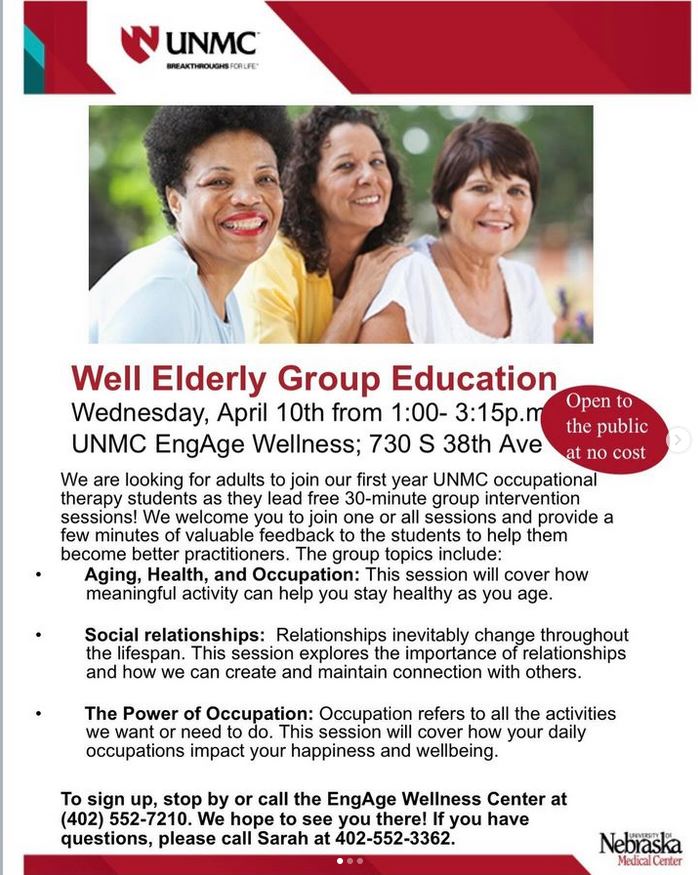Our first-year OT students will be leading Well Elderly Group Education sessions within the community! These events are open to the public at no cost! #OTMonth #IamUNMC