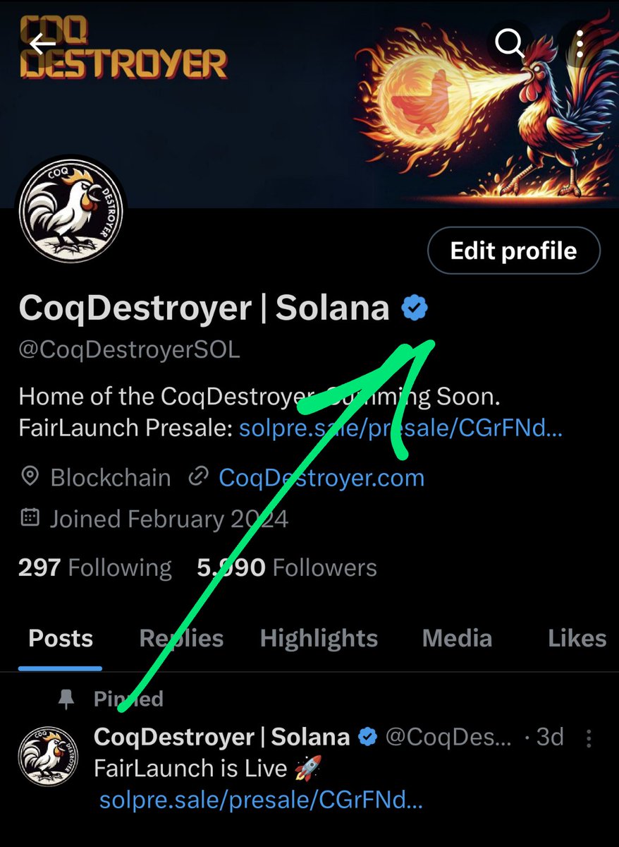 CoqDestroyerSOL's tweet photo. Finally got our Check Mark!! 
#verified #CryptoCommunity #SolanaCommunity https://t.co/TD6BasGNus