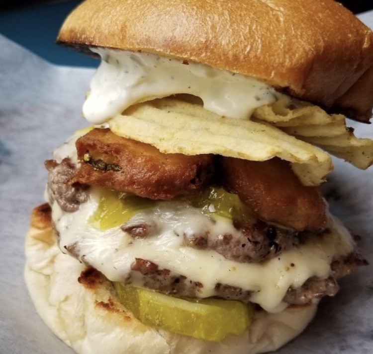 LUCKYSROADSIDE's tweet photo. Rise and Brine Burger People! Swing by for one of our Pickle Monster Burgers, it's kind of a big dill. 
2 quarter pound patties, American cheese, fried pickles, pickles, pickle relish, and dill pickle potato chips on a Liscio's bun!
Order online: https://t.co/DEVFKRCkmk https://t.co/22Bjmi2djU