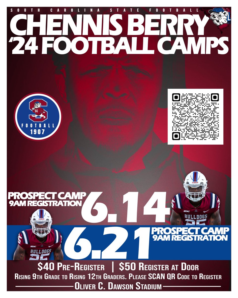 June 14th and June 21st your SC STATE FOOTBALL BULLDOGS will be hosting their HIGH SCHOOL PROSPECT FOOTBALL CAMPS For RISING 9th Graders to RISING 12th Graders #Registration starts at 9am TO REGISTER Scan QR Code or Click Link docs.google.com/forms/d/e/1FAI… #PayTheFEE 🔴🔵🐶🏈