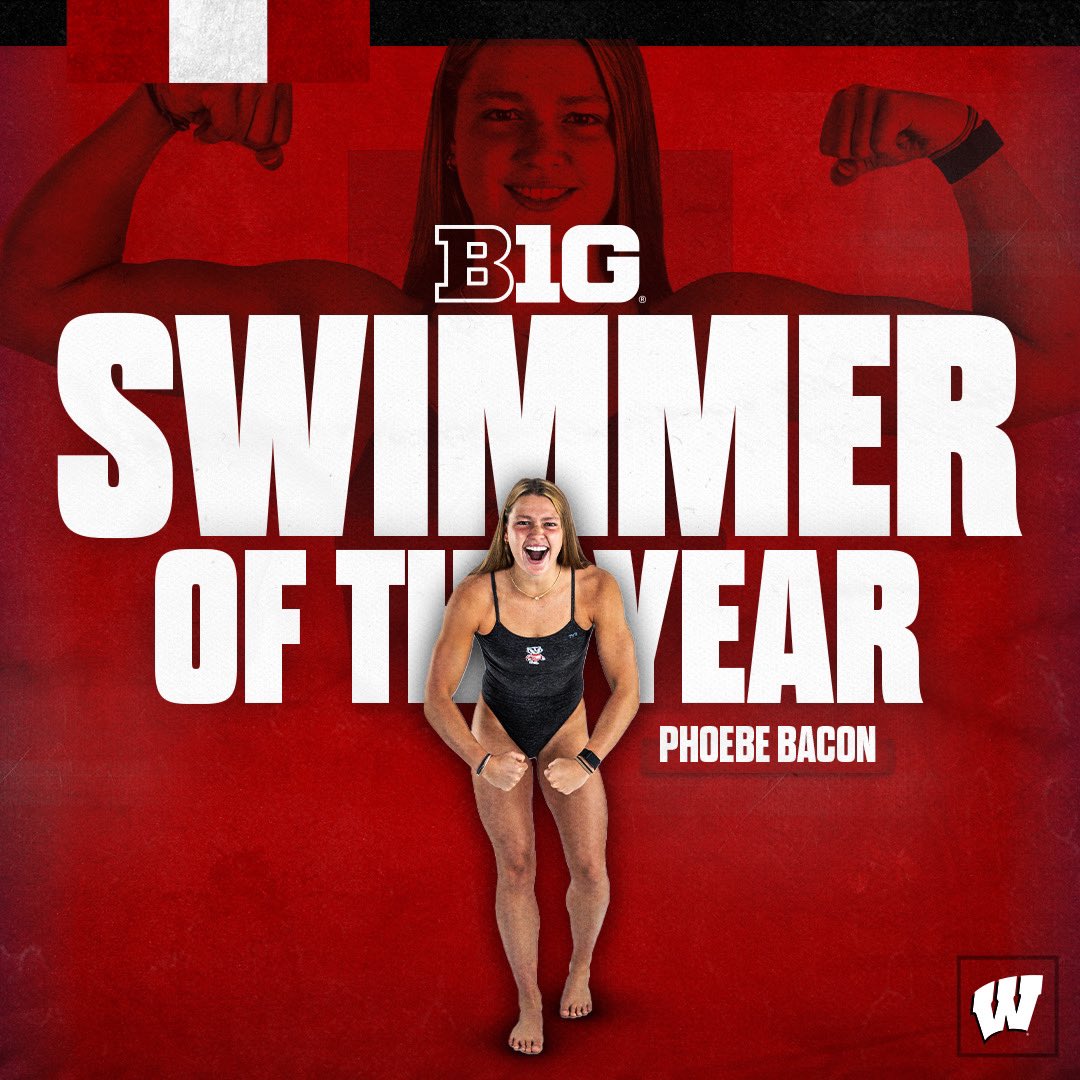 BadgerSwimDive's tweet photo. Help us congratulate Phoebe Bacon on being named Big Ten Swimmer of the Year for the second consecutive year!

👐 2x 200 Back NCAA Champion
👐 2024 Big Ten Swimmer of the Championship
👐 2024 Big Ten first team 
👐 2x Big Ten Swimmer of the Year https://t.co/8C5Wb9NWy6