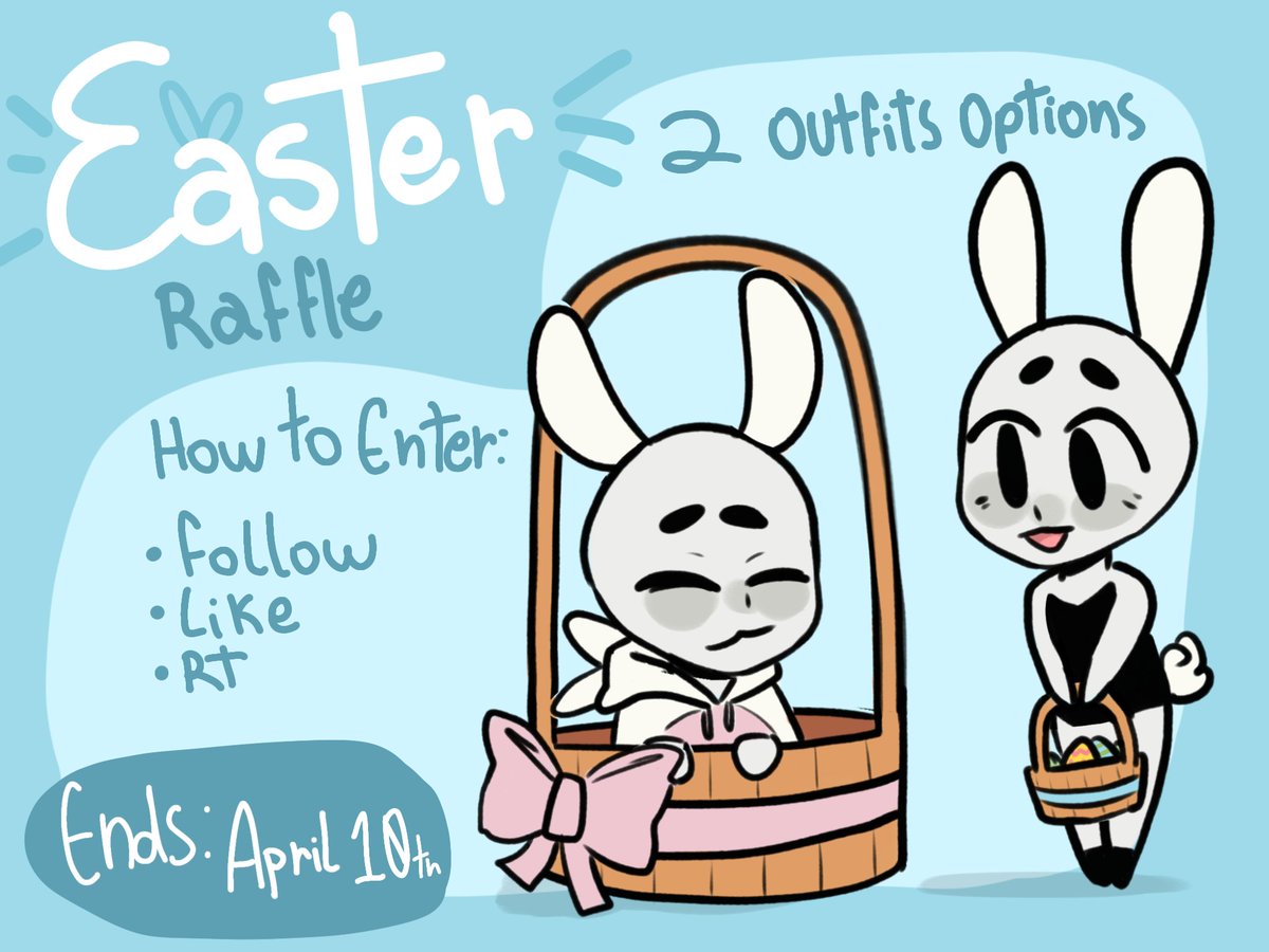 EASTER ART RAFFLE!

How to Enter:
· Follow
· Like
· RT

Additional:
· Winners get a fullbody drawing
· 2 outfits options

Ends:
· April 10th

Tag a friend for a extra entry!