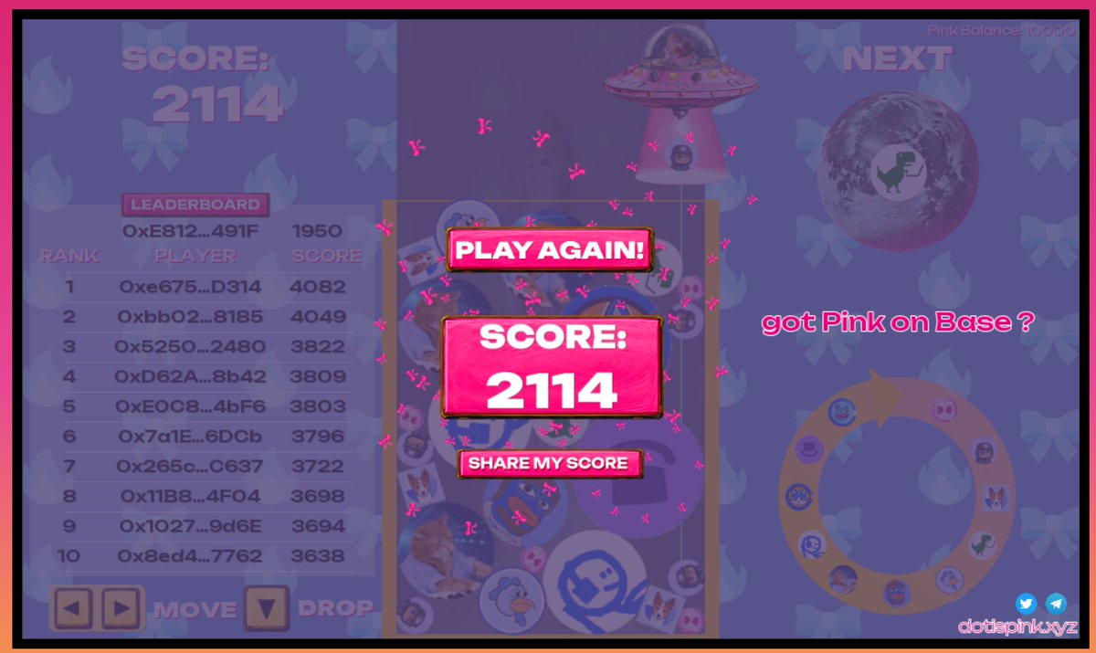 Valonkr10's tweet photo. Just scored 2114 points on Basedrop! Compete with me on @Pinkonomic 🎀

$PINK $BRETT $KEYCAT $TOSHI $DEGEN $ROOST $mfer $DINO $BENJI $NORMIE https://t.co/SrvdjNZqHL