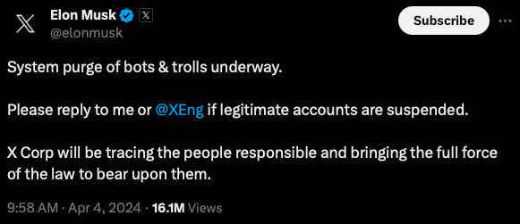 SkylineReport's tweet image. Elon Musk announces a system purge targeting bots and trolls on X. Urges users to report wrongful suspensions and warns of legal actions against offenders. 

#ElonMusk #XCorp #BotPurge
