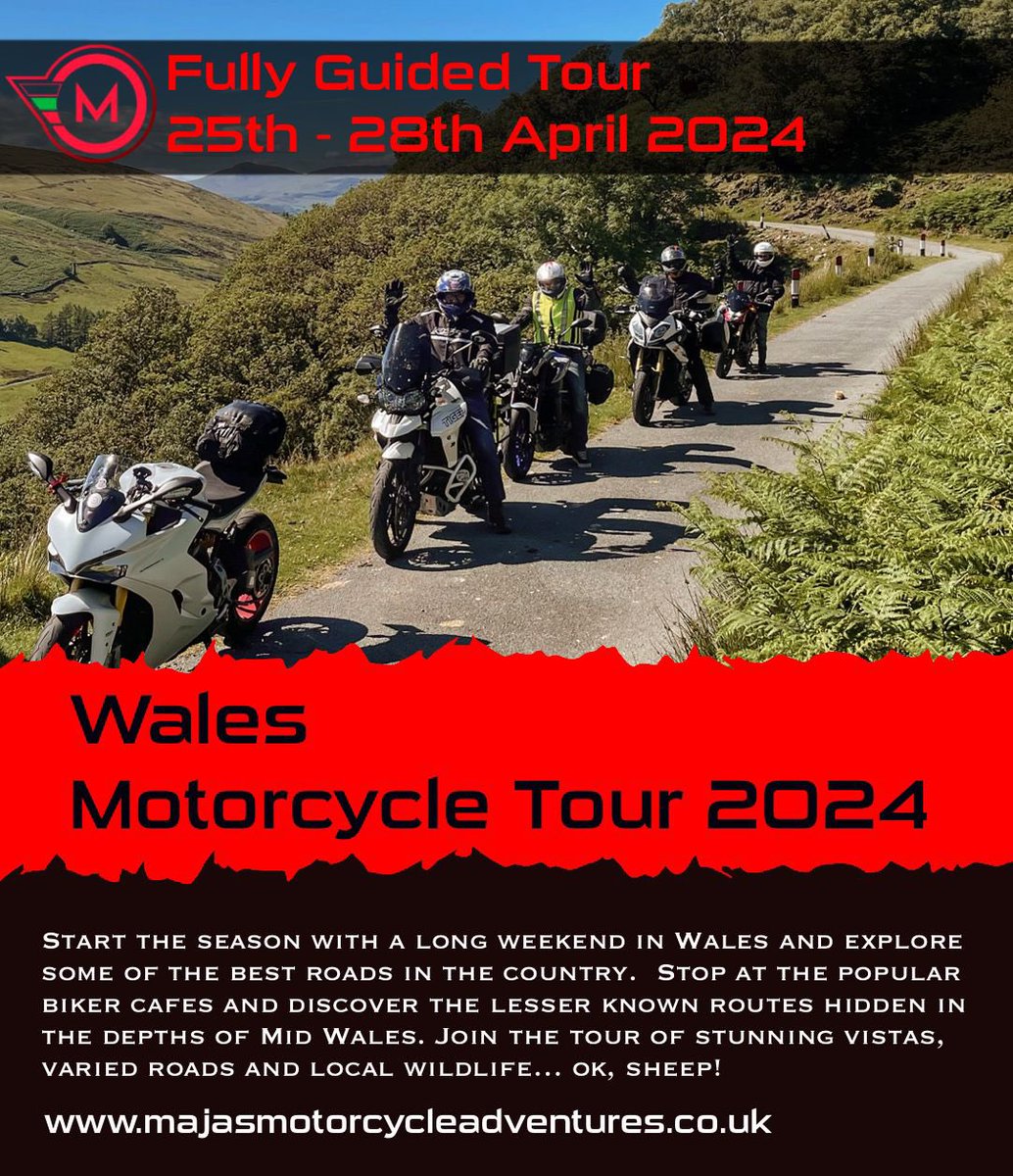 Last minute availability for a rider to join the Welsh tour this month. 

A great way to start the riding season, get bike fit and meet new like minded people bike 🏍️ 🏴󠁧󠁢󠁷󠁬󠁳󠁿❤️

majasmotorcycleadventures.co.uk/long-weekend-b…