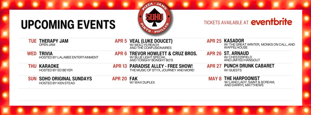 Spring lineup YEG!  <a href="/LukeDoucet1/">Luke Doucet</a> <a href="/poppaneedsanap/">Lyle Bell</a> <a href="/mollysreachyeg/">mollys reach</a> <a href="/confusionaires/">confusionaires 🟧</a>  <a href="/Howl_it/">Trevor Howlett</a> <a href="/BLSBandYEG/">Blue Light Special</a>  <a href="/ParadiseAlley3/">Paradise Alley</a>  <a href="/KasadorBand/">KASADOR</a> <a href="/TannerGordon/">Tanner J Gordon</a> <a href="/monksoncall/">Monks on Call</a> <a href="/waffelhouse/">waffelhouse</a> @StArnaudBand <a href="/TheDylanElla/">dylan ella 🦇</a> <a href="/Punch_Drunk_Cab/">Punch Drunk Cabaret</a> <a href="/whereedmonton/">INFO Edmonton (formerly Where Edmonton)</a> <a href="/harpaxe/">HarpAxeMurderer</a> <a href="/Alberta_Music/">Alberta Music</a> .<a href="/EdmontonOilers/">Edmonton Oilers</a> #yeg
