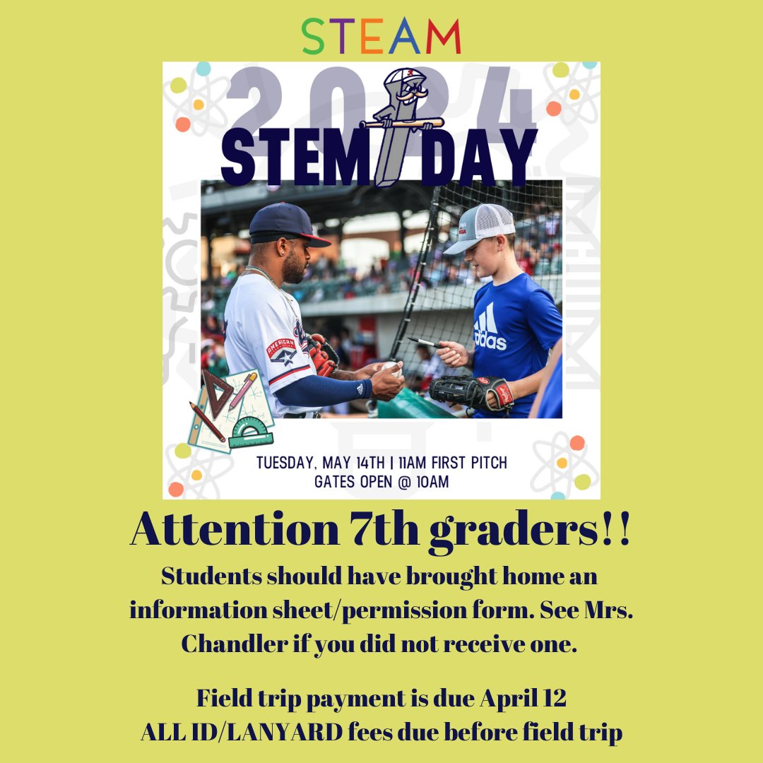 📢 7th graders 📢 Don't forget to get your permission form turned in and payment made by April12. Payment: burlesonisd.revtrak.net/steam-middle-s… Online permission form: forms.gle/JaKmqQUY8vpv6o…