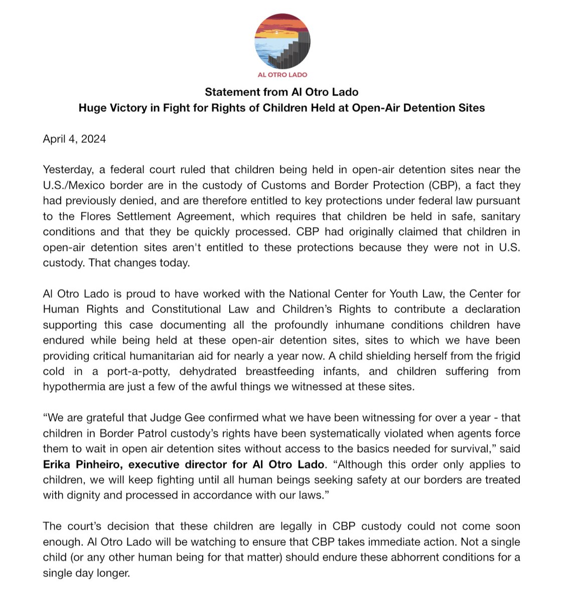 @NCYLnews @chrclla @ChildrensRights 'We are grateful that Judge Gee confirmed what we have been witnessing for over a year - that children in BP custody’s rights have been systematically violated when agents force them to wait in OADS without access to the basics needed for survival.'- @eeerox. Our full statement⤵️