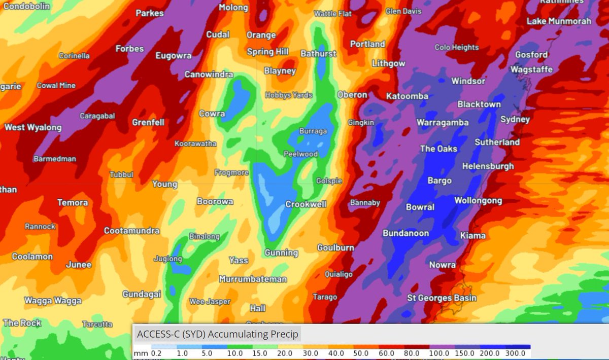 High resolution modelling of rain from 11pm Thursday to 11am Saturday. &gt;200mm for much of Sydney and the Illawarra. 

Image: Weatherzone