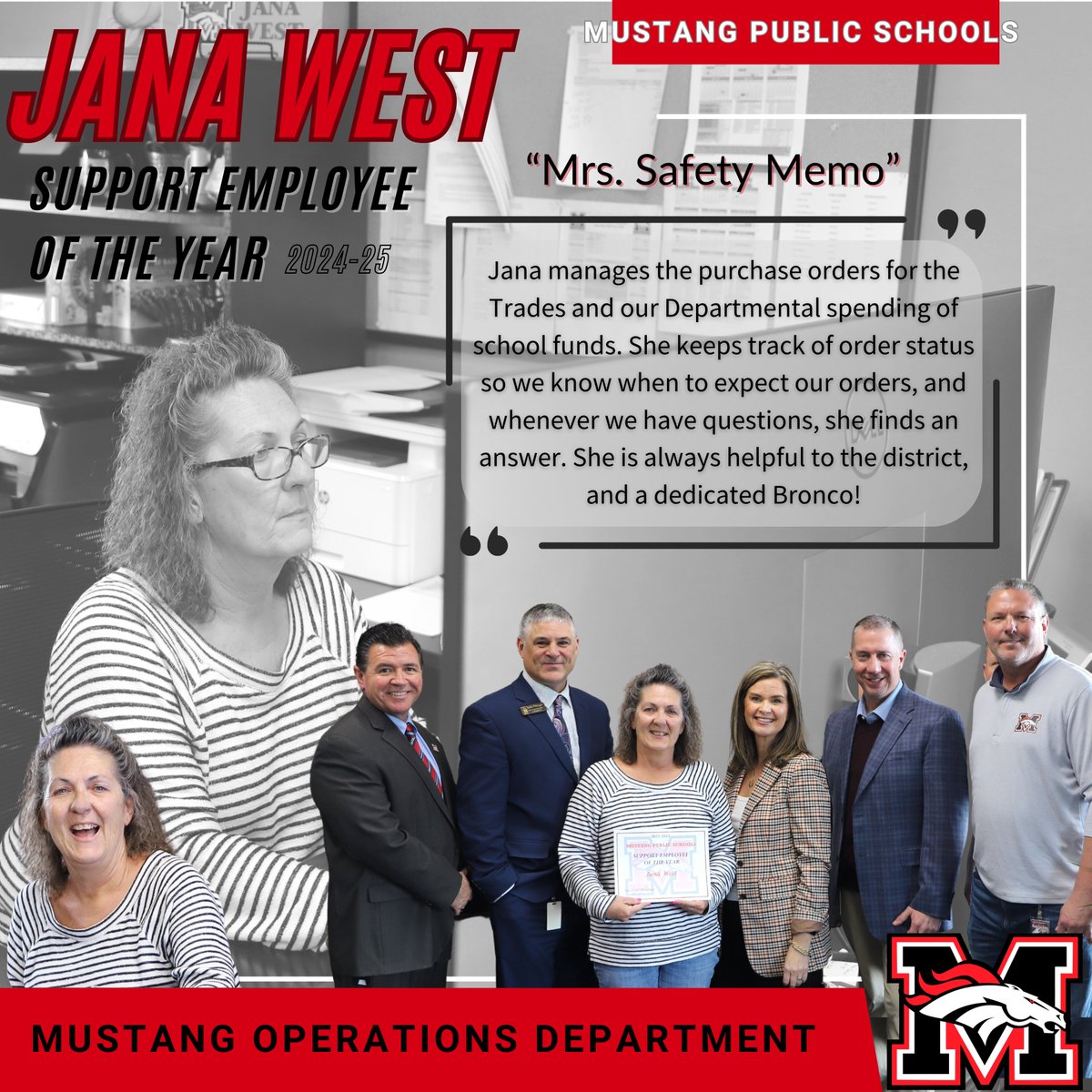 We're also putting the spotlight on our 3 Support Personnel of the Year, who go above & beyond every day. Introducing Jana West!  She's the backbone of the Operations Dept, making a profound impact on our District. Your commitment to excellence is inspiring, Jana! #BroncoPride