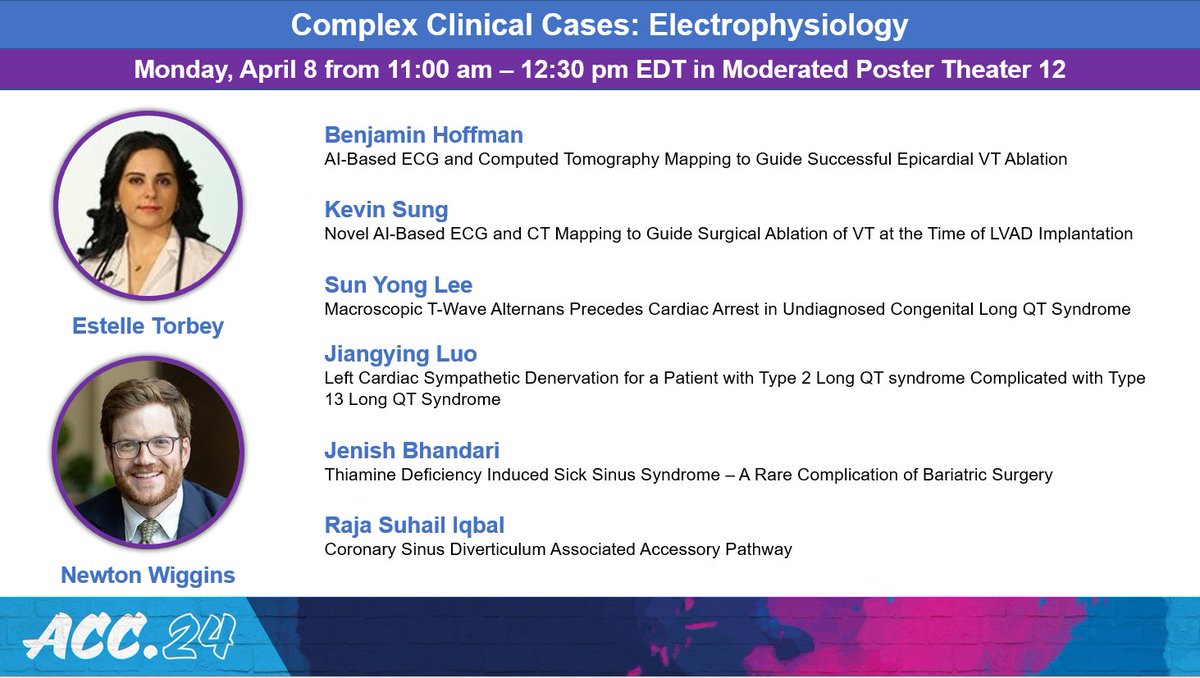 Not sure what to do on Monday at #ACC24?

Come by Moderated Poster Theater 12 at 11 am ET to hear Complex Clinical Cases from #EPeeps