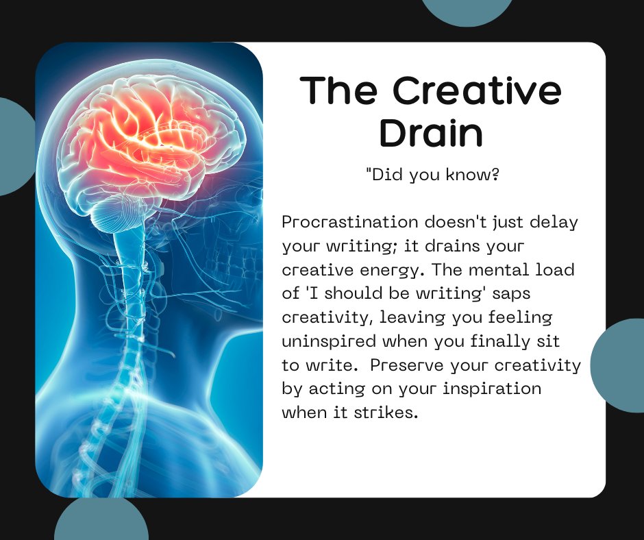 Did you know? Procrastination doesn't just delay your writing; it drains your creative energy. The mental load of 'I should be writing' saps creativity, leaving you feeling uninspired when you finally sit to write. #CreativeDrain #ActOnInspiration #openupnow #brokentoboldness