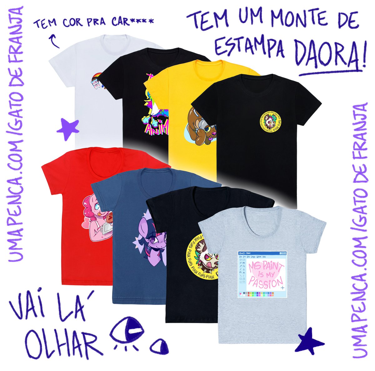 FALA GALERARR tô aqui pra divulgar minha lojinha online de camisetas!!! tem estampa furry, lgbt+, de mlp, tudo desenhado por mim! tbm tem várias cores e corte comum ou baby look inclusive, o umapenca ajuda projetos sociais com cada venda que rola nele :] linki no meu perfil ✨