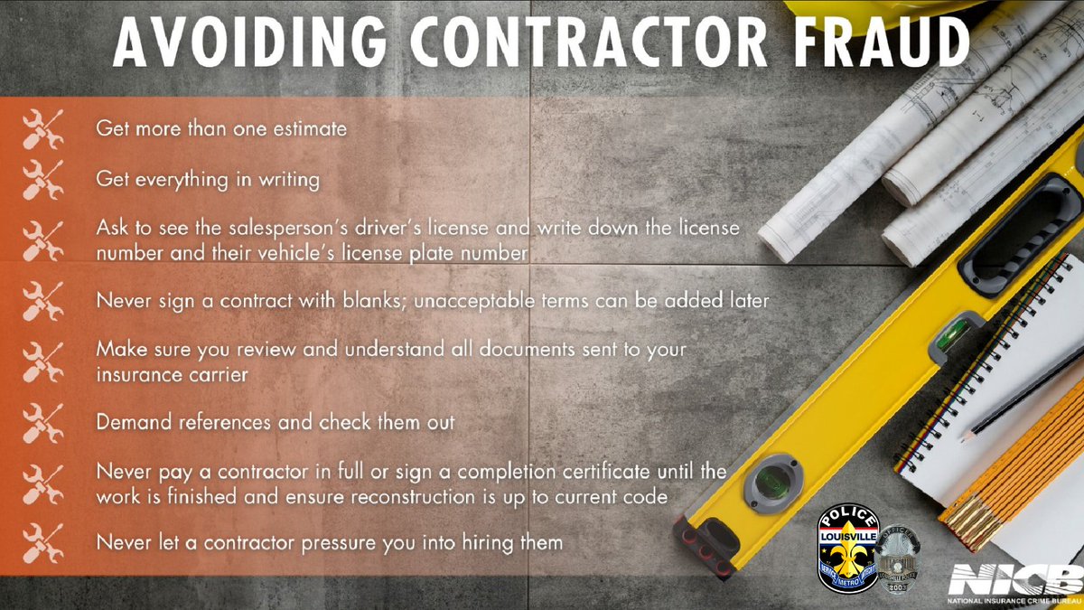 Kentuckiana is no stranger to storms & that was evident of what took place this earlier this week in our community and around the Commonwealth. LMPD and @insurancecrime wants to make sure you & your family don't become victims of fraud while you are trying to rebuild. #LMPD #NICB