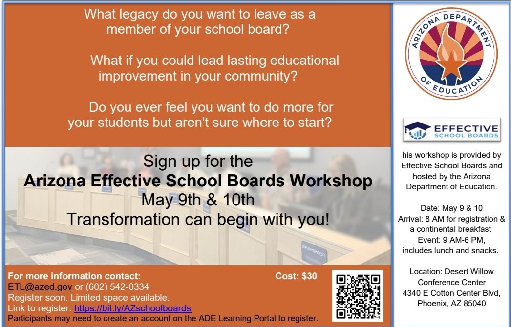 Join us on May 9th and 10th for the Arizona Effective School Boards Workshop. #EducationForAll