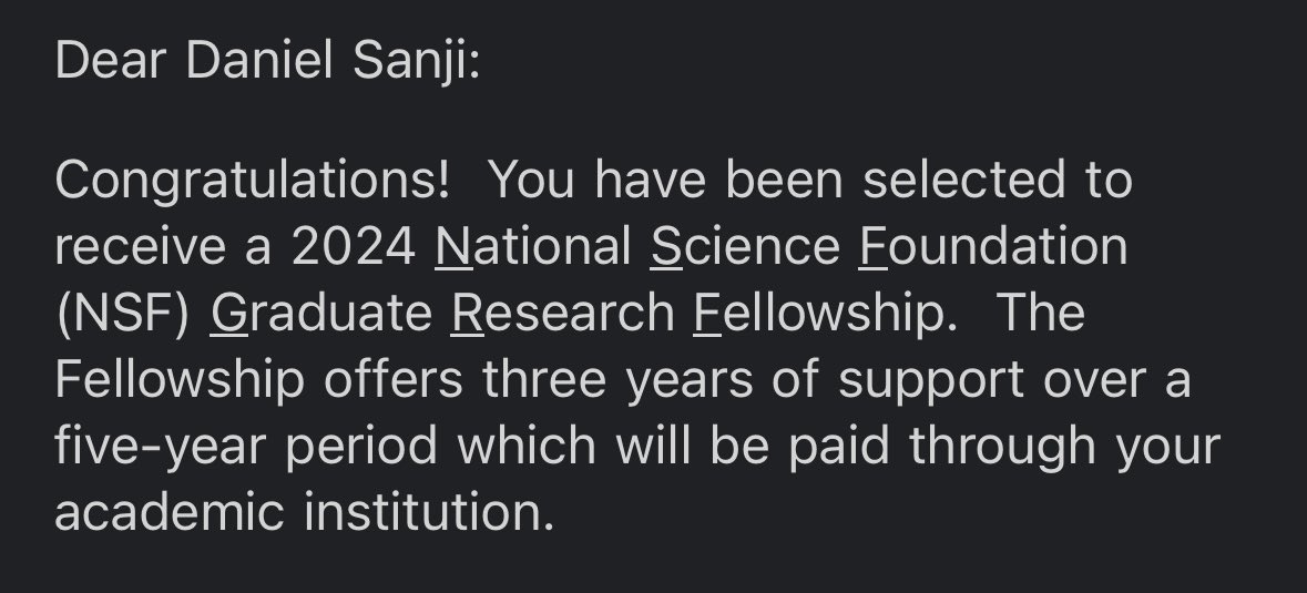 Daniel Sanji | ε±±ε°γγγ¨γ« (@danieljsanji) on Twitter photo YAY! I am beyond excited to share that I have been selected as a recipient of the <a href="/NSF/">U.S. National Science Foundation</a> #GRFP as I prepare to start my PhD in Psychology in Fall 2024! I am still in disbelief, but I will try my best to thank all of the people who made this possible β¬οΈ YAY! I am beyond excited to share that I have been selected as a recipient of the <a href="/NSF/">U.S. National Science Foundation</a> #GRFP as I prepare to start my PhD in Psychology in Fall 2024! I am still in disbelief, but I will try my best to thank all of the people who made this possible β¬οΈ