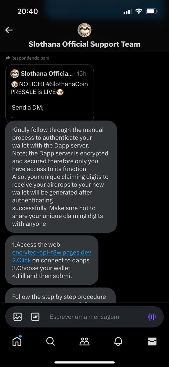 Syrkh's tweet photo. @SlothanaCoin 
Just received this message, is this legit? https://t.co/r79uqE6Ylx