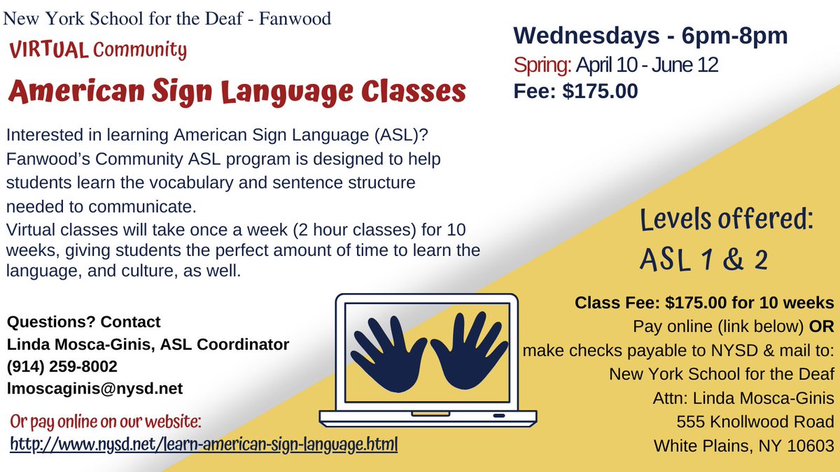 NYSD1817's tweet image. There's still time! Register for NYSD's Community #ASLClasses today! Do you want to learn #AmericanSignLanguage? Fanwood’s Virtual Community ASL program teaches the vocabulary and sentence structure necessary to communicate bit.ly/3RMOSX3 #learnasl #ASL