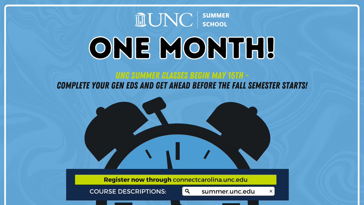 Hey Tar Heels! The summer semester starts May 15th. Don't miss out on making room in your fall schedule, fulfilling gen ed requirements, or boosting your GPA. Register now at connectcarolina.unc.edu. #UNC #uncsummerschool #tarheels #GDTBATH