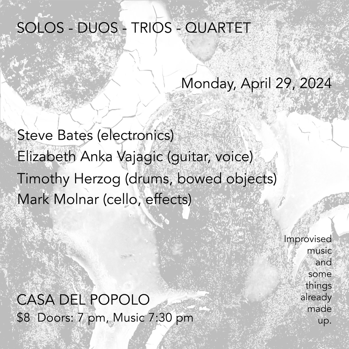 Electronic musician Steve Bates has announced an evening of solo, duo, trio, and quartet performances with Elizabeth Anka Vajagic (guitar, voice), Timothy Herzog (drums), and Mark Molnar (cello). Happening Monday 29 April at Casa del Popolo in Montreal. casadelpopolo.com/en/events/2024…