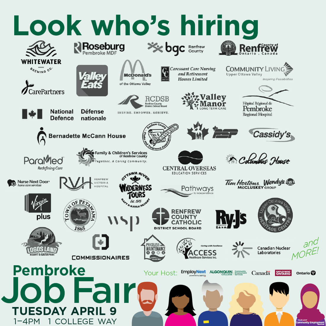 we can't wait to welcome these employers to campus April 9th as we host our Spring Job Fair. Plan to join us from 1:00 to 4:00 pm on campus. @AlgonquinPEM #OttawaValley #OttawaValleyEmployment