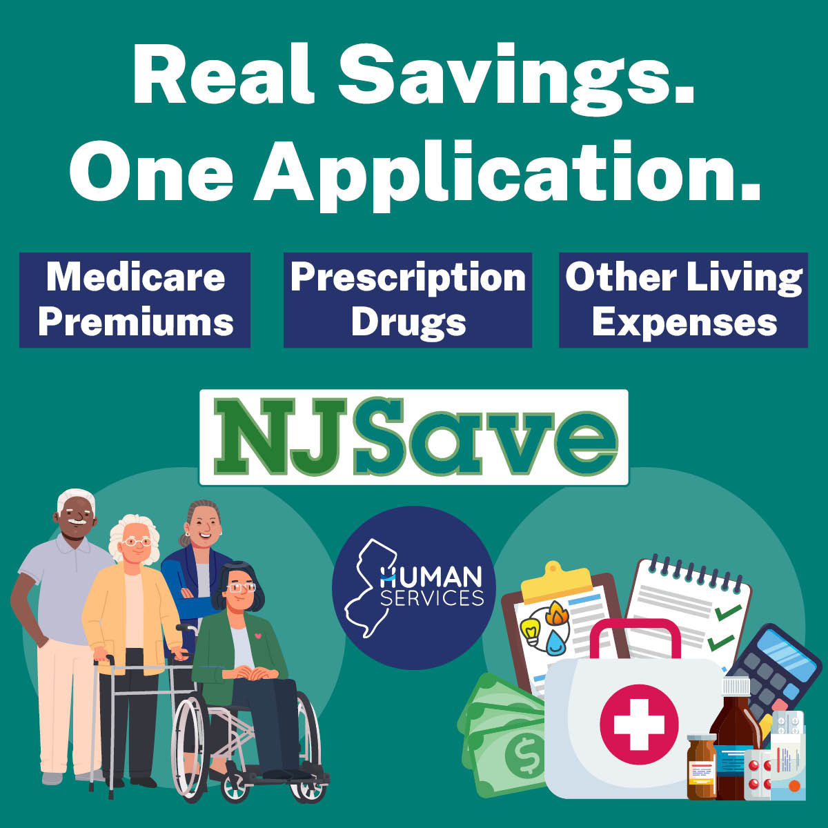 NJDHS's tweet photo. Older residents &amp; people with disabilities can save money without leaving home!
#NJSave is an online application that can help you save money on:
🩺Medicare premiums
💊prescription costs
💵 and other living expenses.
💻 Apply today, visit: https://t.co/DQfcnotYmv https://t.co/k3U1SP557k