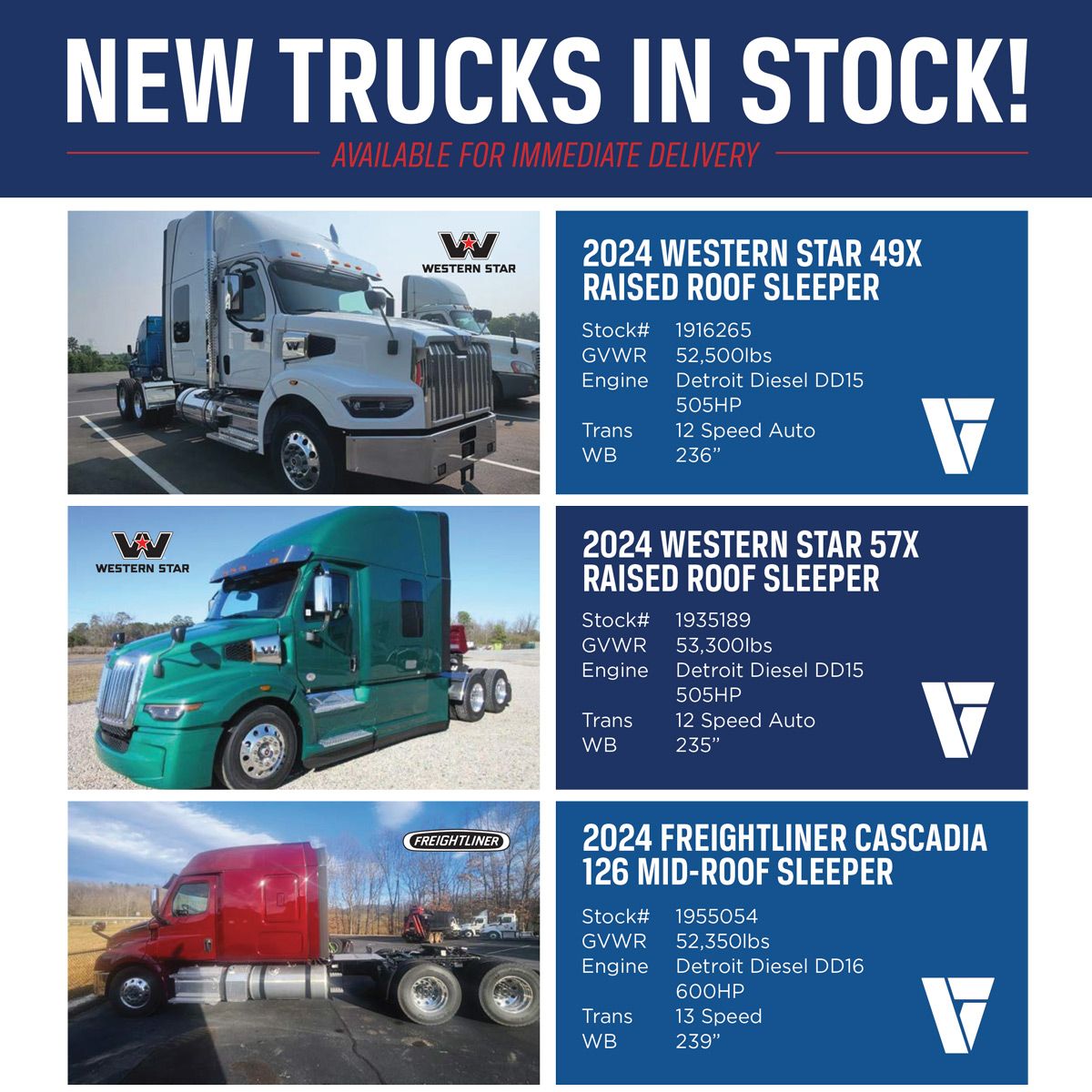 We have some great NEW trucks available for immediate delivery! Contact your local Velocity Truck Center sales dept today to get pricing and take ownership of your new truck! 
 velocitytruckcenters.com/inventory/new-…

 velocitytruckcenters.com/inventory/new-… 

 velocitytruckcenters.com/inventory/new-…