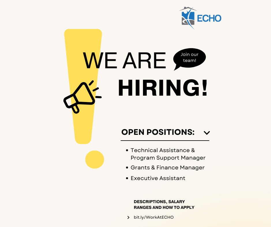🌟 Join Our Team! 3 Positions Available🌟
We believe everyone deserves housing that fosters health, success, and stability.
Competitive salaries, great benefits and generous PTO!  

Visit bit.ly/WorkAtEcho to apply today! #JobOpening #Diversity #HiringNow