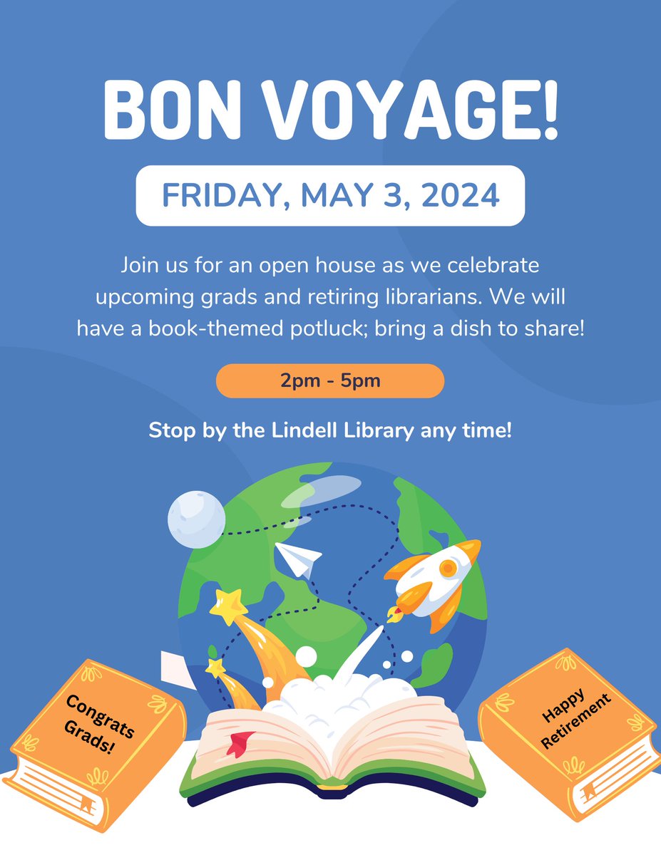 The end of the term is approaching swiftly: join us in the library on Friday, May 3rd for a book-themed potluck! We will be celebrating our graduates and our three retiring librarians!
Drop in any time between 2pm and 5pm and bring a dish to share (if able)!
#openhouse 🎉