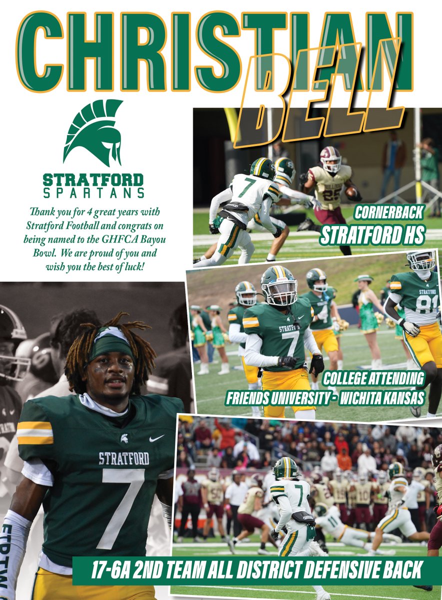 StratfordFB1's tweet photo. Congratulations @Christian_BellC  on being selected to represent @StratfordFB1  in the Bayou Bowl this year! @SHS_BoosterClub @77079Athletics @BayouBowlGHFCA @ghfcahouston https://t.co/CntgNKOM2P