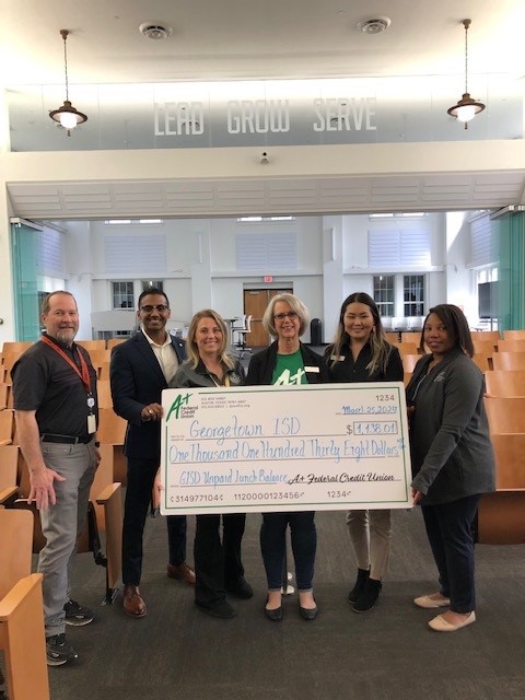 aplusfcu's tweet photo. Last week, we presented @georgetownisd with a donation to pay off unpaid lunch balances throughout the district! Members from Team A+ also had the opportunity to deliver donations to @CooperCougs, @frostpolarbears, @PurlPumas, & Wolf Ranch Elementary School.π #aplusgives https://t.co/7GYiCVAyls