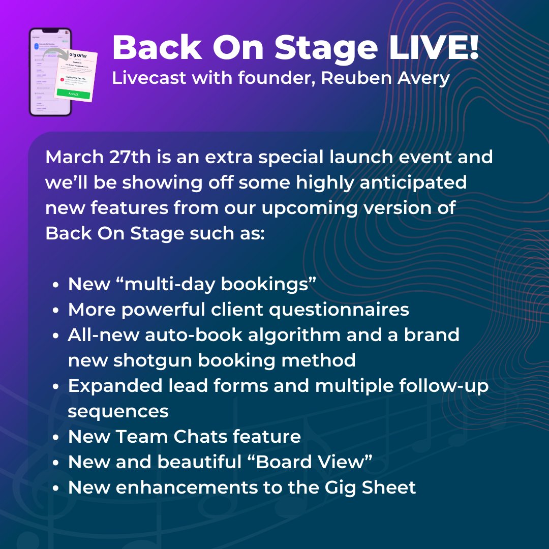 Don't miss the big launch of our live stream series, Back On Stage Live, where we'll share valuable tips and insights on how to grow your music business. Also, catch a showcase of our partners' offerings and our upcoming new features! #backonstagelive #livemusic #bandapp