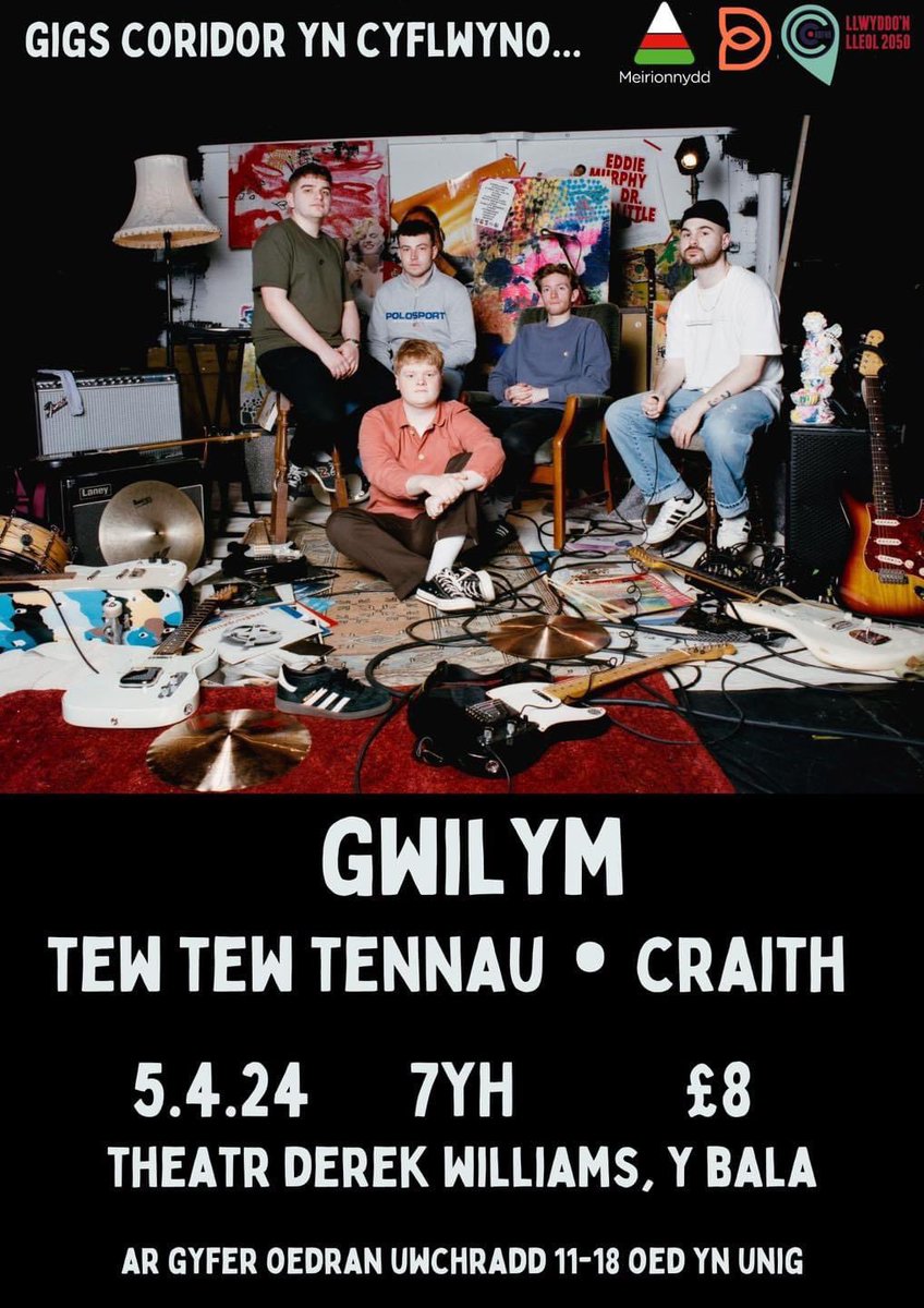 📣GIG📣 Edrych mlaen i gael y Gwyddelod sydd yn aros yng Nglan-llyn yn y gig yn Bala nos fory!🇮🇪 @_gwilym • Tewtewtennau • Craith 🗓️FORY 📍Theatr Derek Williams 🕖Drysau am 7yh 👫 I bobl ifanc dan 18 yn unig! 🎫 £8 Bachwch eich tocyn yn fan hyn 👉🏼 theatrderekwilliams.cymru/siop/gigs-cori…