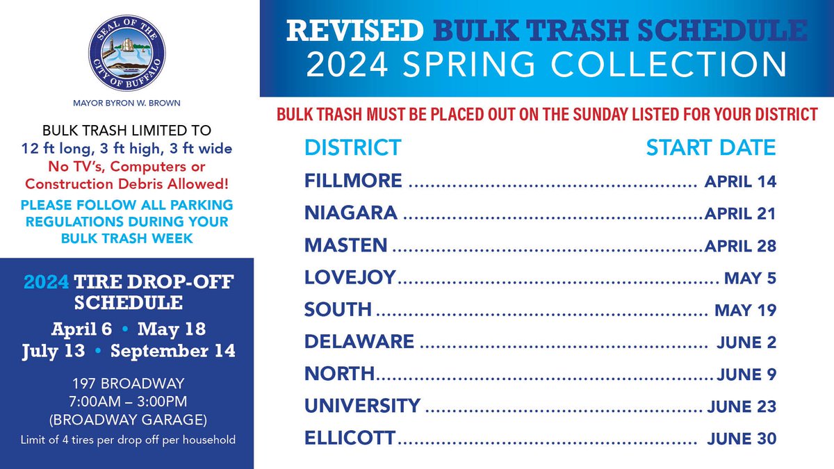 BuffAlert: There will be NO bulk trash pickup during week of April 7th due to eclipse traffic. Ellicott District collection is rescheduled to start June 30th.