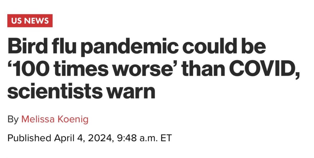 1: US works with Chinese scientists to create a more deadly bird flu virus.

2: Human catches bird flu.

3. Scientists warn this bird flu could be 100x worse than COVID.

I feel like I’ve seen this movie before…

How long before they try to forced masks, vaccines and lockdowns?