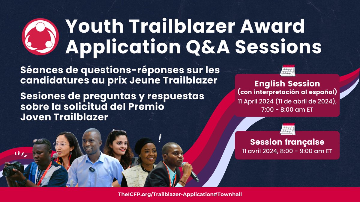 🆕 ICFP is hosting Q&A sessions next week on 11 April to guide young leaders through the #ICFP2025 Youth Trailblazer Award application process. 🕖 English Session (with Spanish interpretation) 7–8 am ET 🕗 French Session 8–9 am ET Learn more here! 👇 bit.ly/3TMKybr