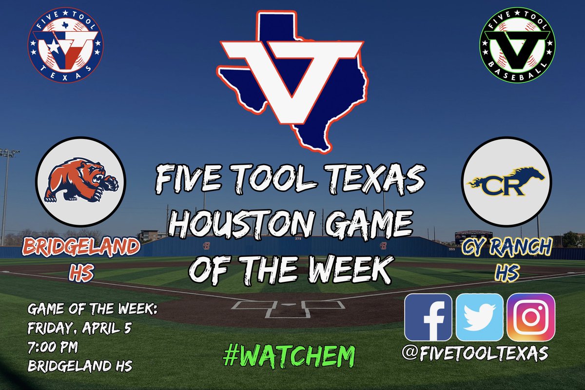 We will be at Bridgeland HS, 7:00 PM Tomorrow, April 5 for the…

🚨<a href="/FiveToolTexas/">✭Five Tool Texas✭</a> Houston Game of the Week 🚨

Featuring: <a href="/BridgelandBsb/">Bridgeland Baseball</a> vs. <a href="/CyRanchBB/">Cy Ranch Baseball ⚾️</a>

#WatchEm