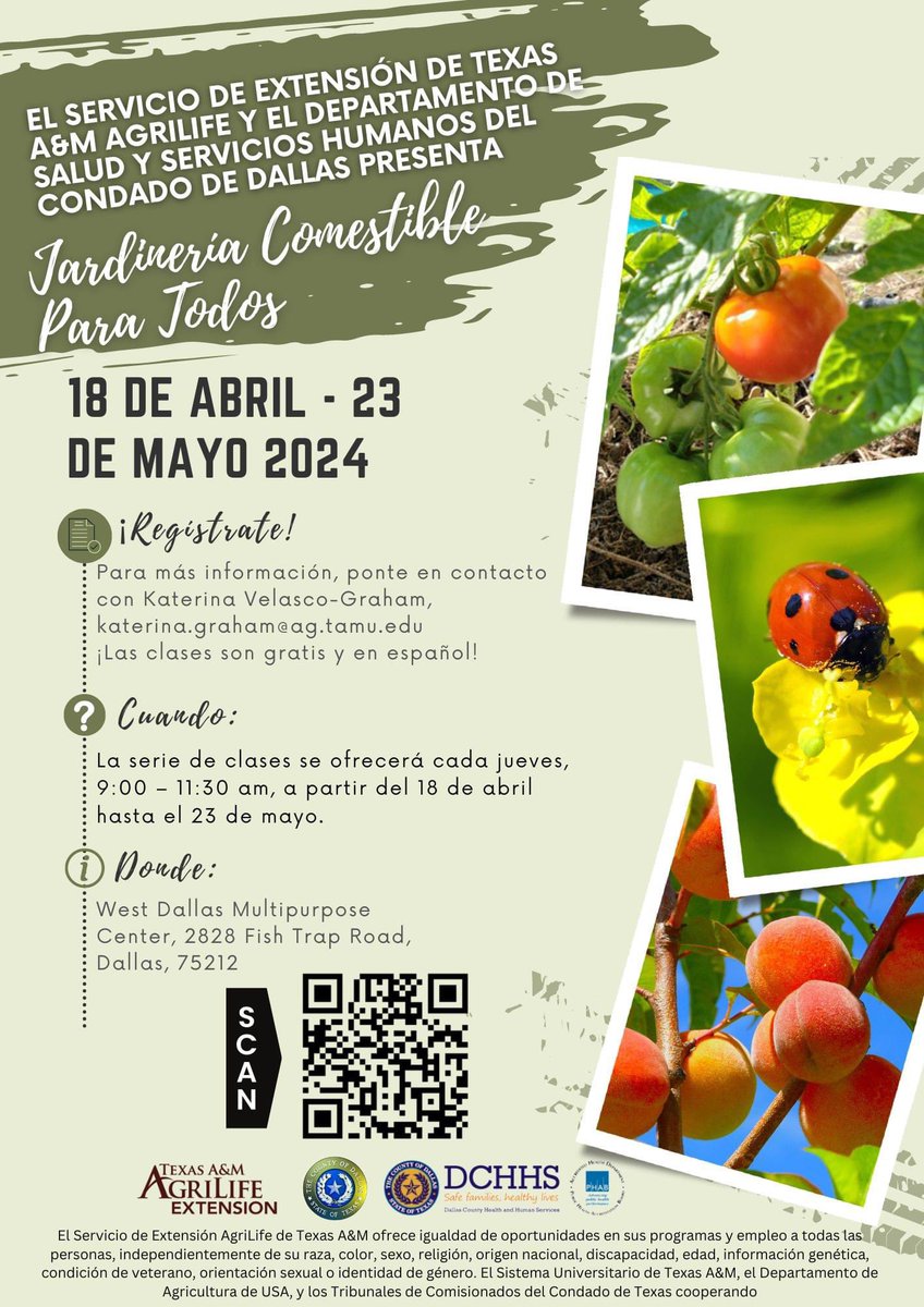 ¡Atención amantes de la jardinería! Vamos a dictar un curso de jardinería comestible GRATIS Y EN ESPAÑOL con @AgriLife Aprenderás lo básico de cómo mantener un huerto.🥕🥦🍅 Inscríbete ➡️ rb.gy/g320h9 ✅Importante: La asistencia a la primera clase es obligatoria.