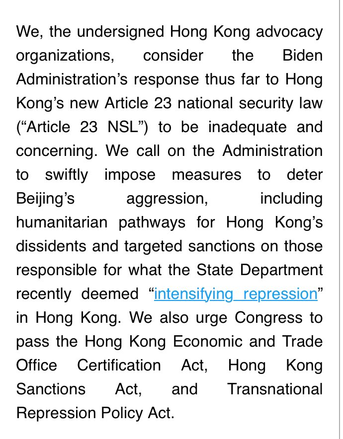 Joint statement by 24 US #HongKong groups, including HKDC: The Biden administration’s response thus far to #Article23 is inadequate and concerning. We call for sanctions and humanitarian pathways. Please see full statement: hkdc.us/so/c7OwfrFUw?l…