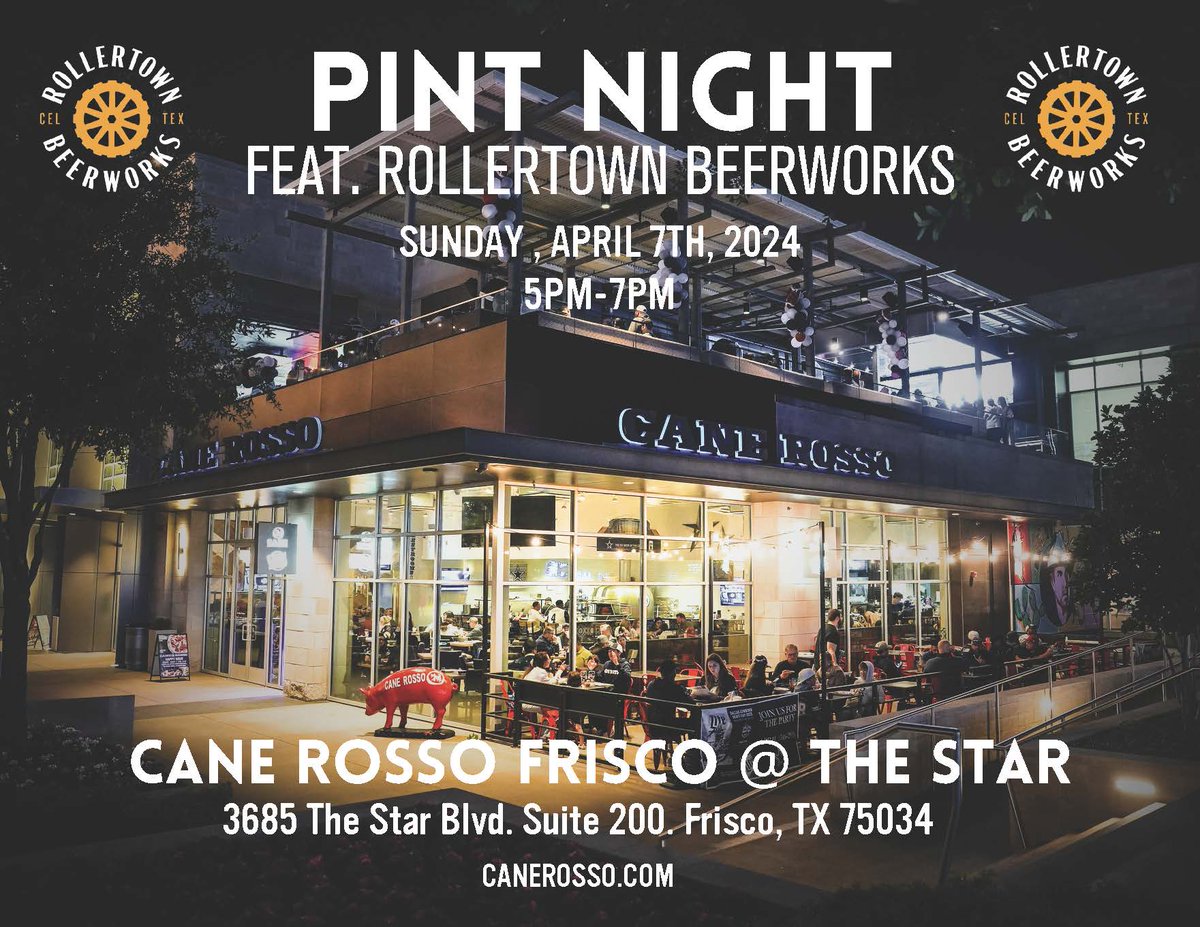 canerosso's tweet photo. Celebrate NATIONAL BEER DAY at Cane Rosso in Frisco on Sunday, April 7th at 5:00 PM for a pint night with our pals from @rollertown!! #frisco #friscotx #rollertown

https://t.co/EVTVUfNbJl https://t.co/k2H9uaEPUX
