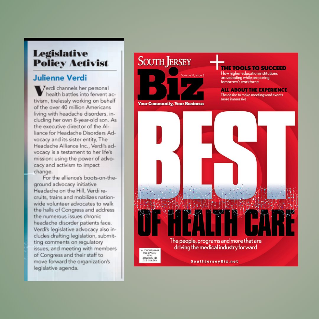 Congratulations to Alliance for Headache Disorder Advocacy's Executive Director, Julienne Verdi for being named to South Jersey Biz Journal's Best of Health Care 2024 list! southjerseybiz.net/magazine/issue…